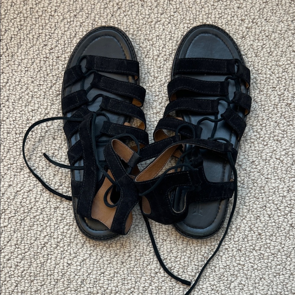 Frye Blair Side Ghillie Women's Black Strappy Lace Up Sandals - Size 8.5